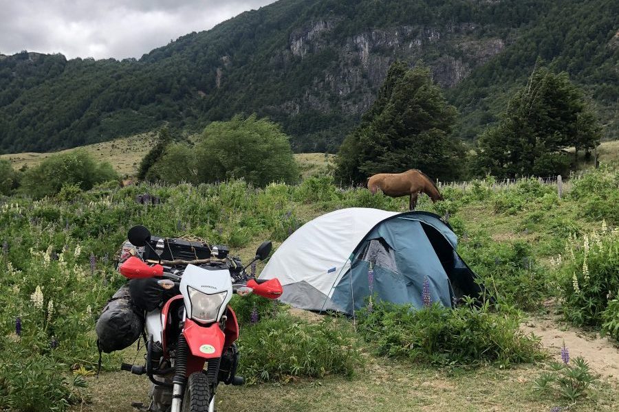Wildcamping in Patagonien, Chile – Motorrad, Zelt und wildes Pferd in der Berglandschaft während einer Motorradreise durch Südamerika